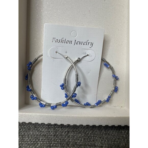 Silver Tone Hoop Earrings With Blue Beads & Wire Wrap Design Womens Fashion - Picture 1 of 3